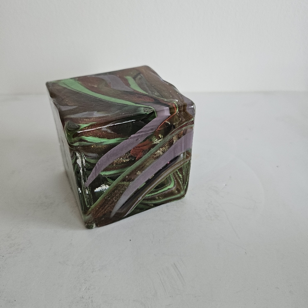 Glass art cube paperweight swirl End Of Day READ